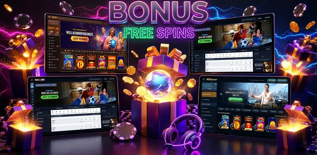 Casino bonus and free spins illustration with gift boxes, chips and neon slot screens